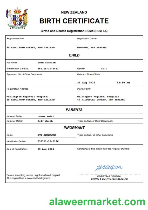 New Zealand birth certificate Word and PDF template
